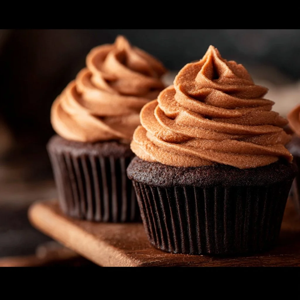 Delicious chocolate pumpkin cupcakes topped with creamy frosting.