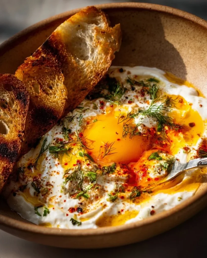 Çılbır: Turkish eggs served with creamy yogurt and butter sauce