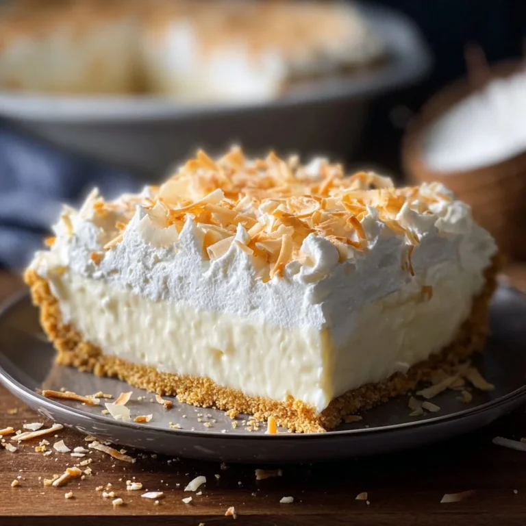 Delicious Coconut Cream Lush dessert topped with coconut flakes and whipped cream.