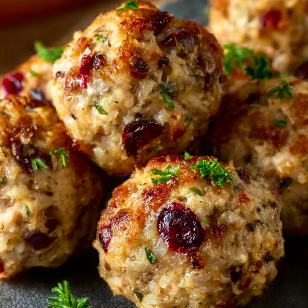 Plate of delicious cranberry turkey stuffing balls garnished with herbs