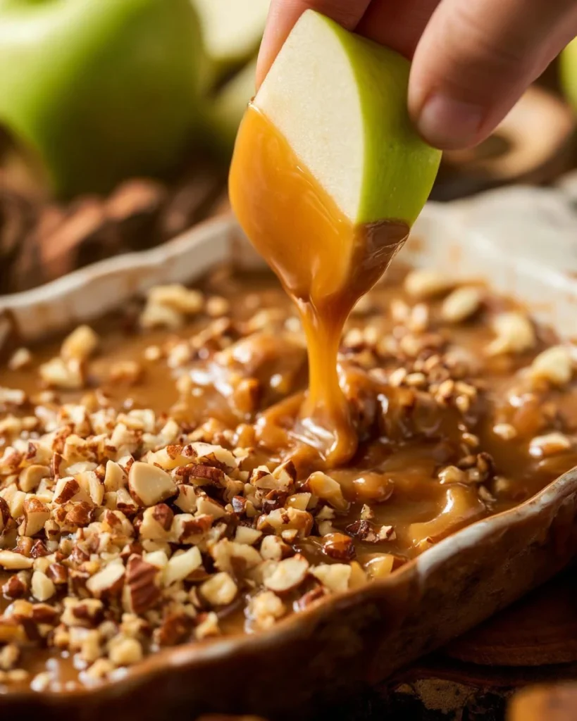 Cream cheese caramel apple dip with sliced apples for dipping