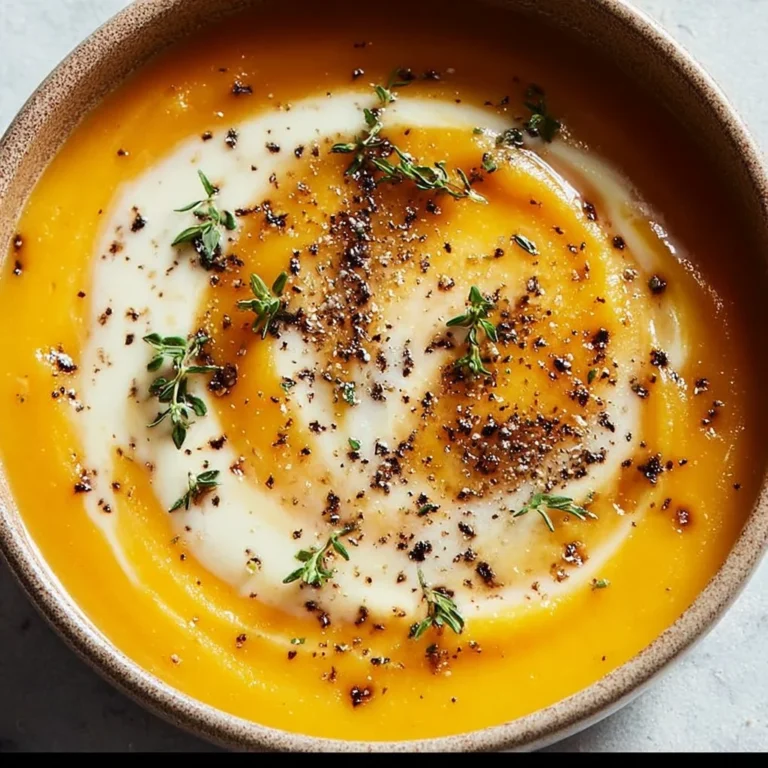 Bowl of creamy butternut squash soup garnished with herbs and spices