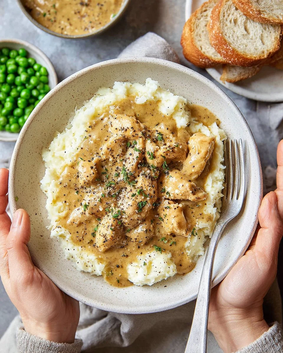 Creamy chicken and gravy served over fluffy mashed potatoes