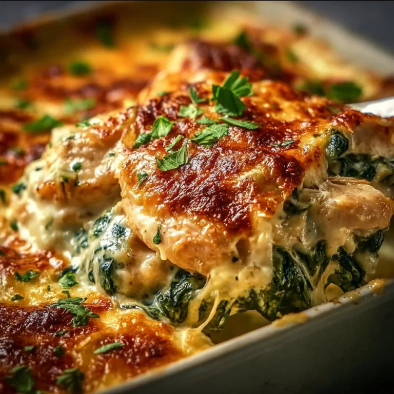 Creamy chicken and spinach casserole in a baking dish, freshly made and ready to serve.