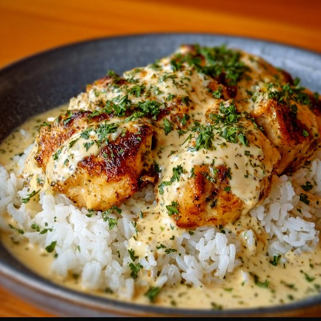 Delicious creamy smothered chicken served over a bed of rice.