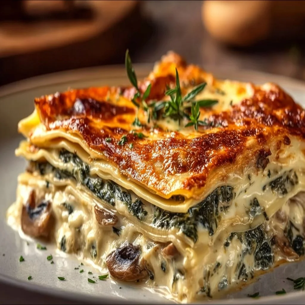 Creamy spinach mushroom lasagna with layers of cheese and vegetables