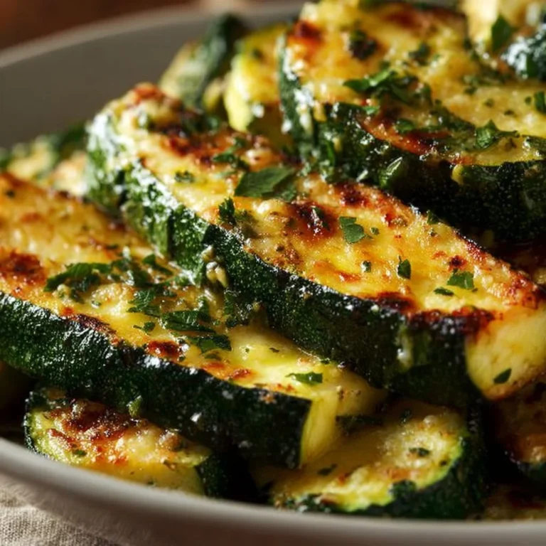 Crispy air fryer zucchini slices on a plate garnished with herbs.