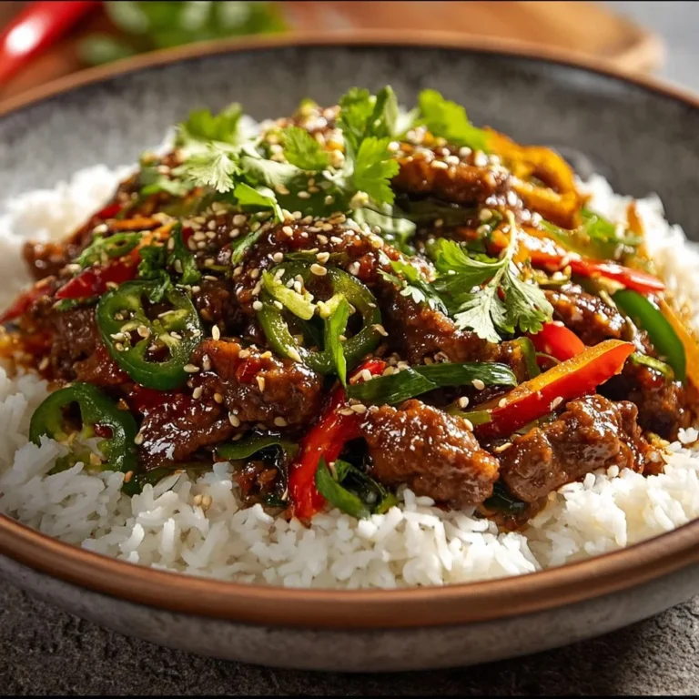 Delicious plate of Crispy Chilli Beef Rice garnished with herbs