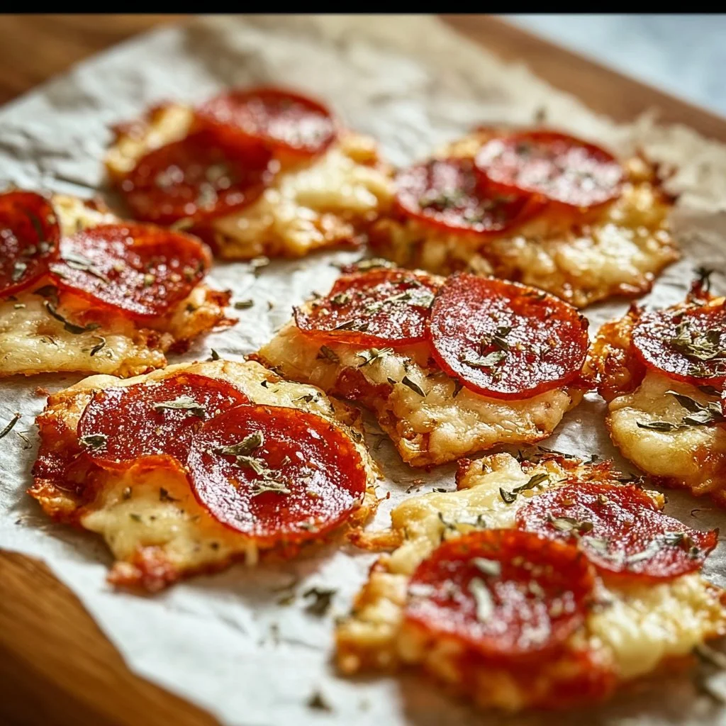 Crispy keto pizza chips on a plate, ideal low-carb snack.
