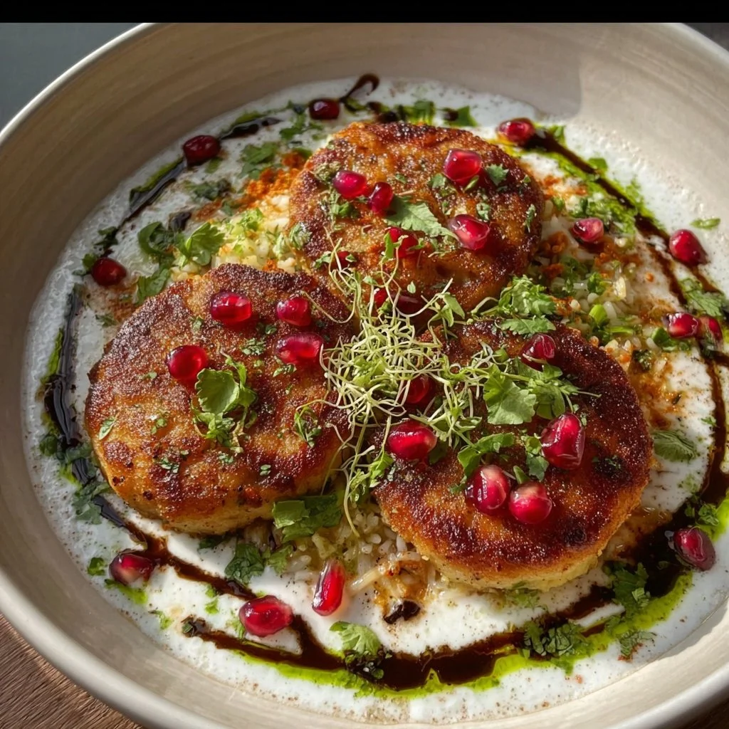 Plate of crispy potato patties garnished with herbs