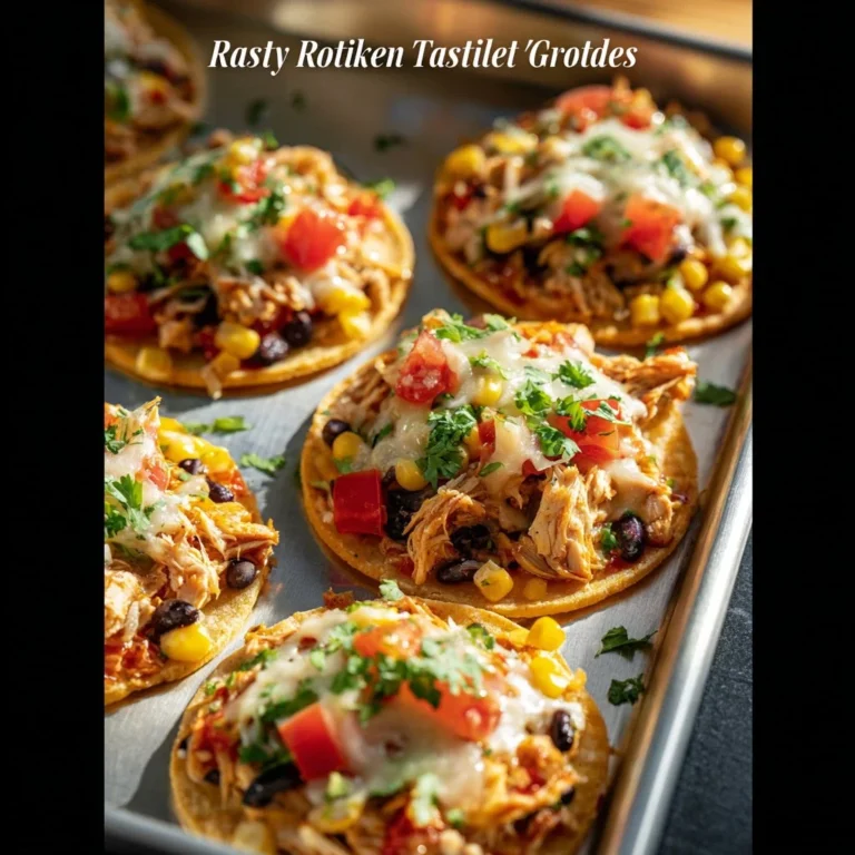 Crispy rotisserie chicken tostadas topped with fresh ingredients and served on a plate.