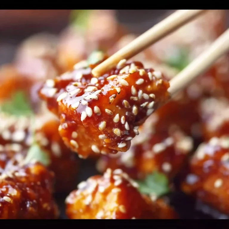 Plate of crispy sesame chicken garnished with sesame seeds and green onions