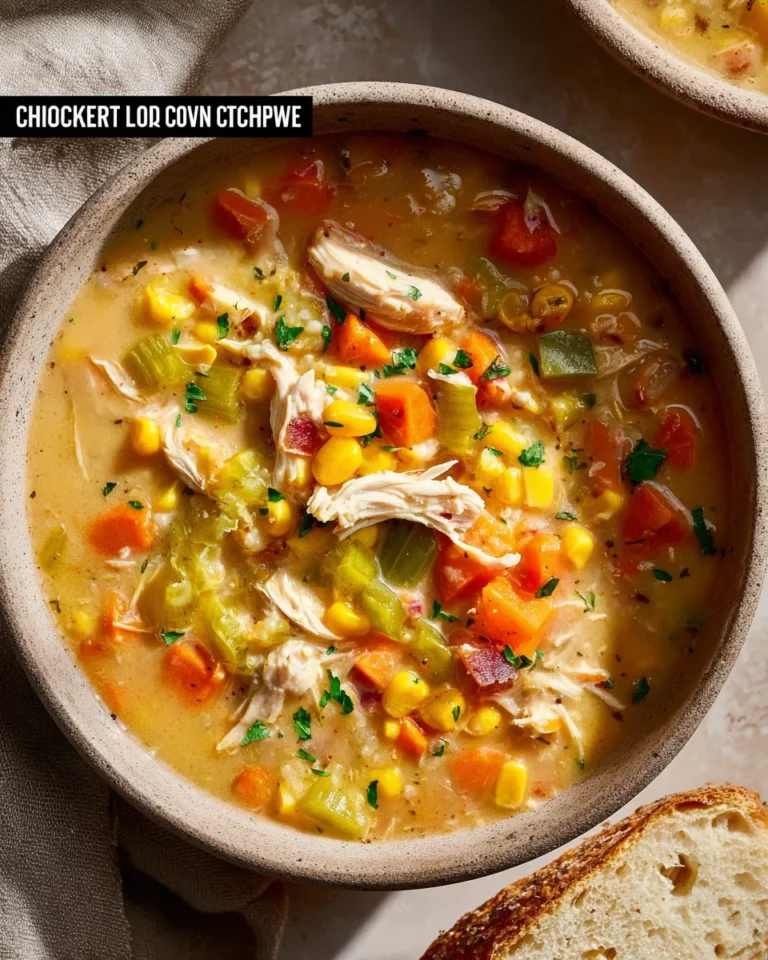 Crockpot chicken corn chowder in a bowl garnished with herbs.