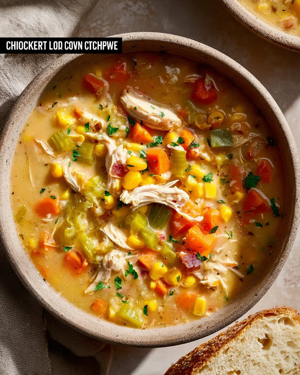 Crockpot chicken corn chowder in a bowl garnished with herbs.