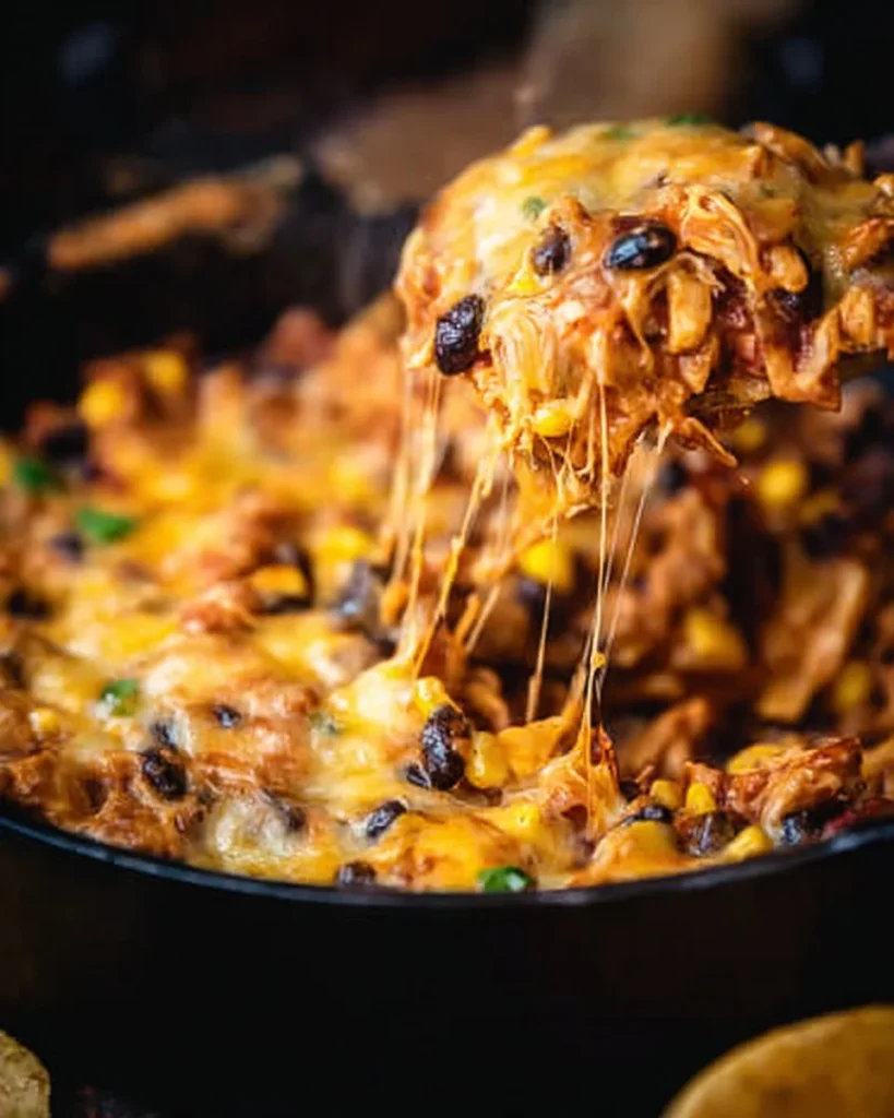 Crockpot Chicken Enchiladas Casserole topped with cheese and fresh herbs