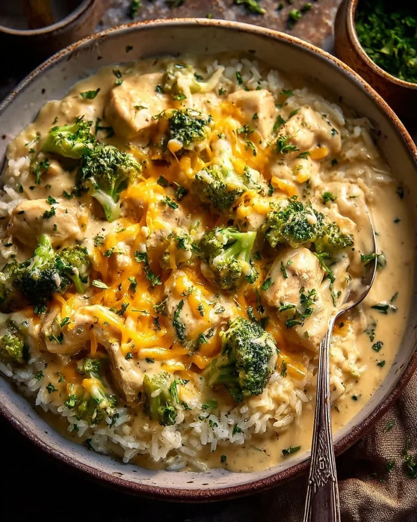Crockpot Creamy Broccoli Cheddar Chicken served in a bowl with fresh broccoli