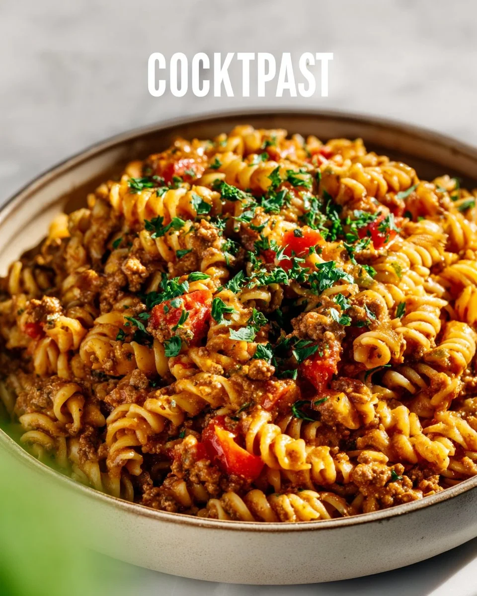 Crockpot Taco Pasta served in a bowl topped with cheese and fresh cilantro