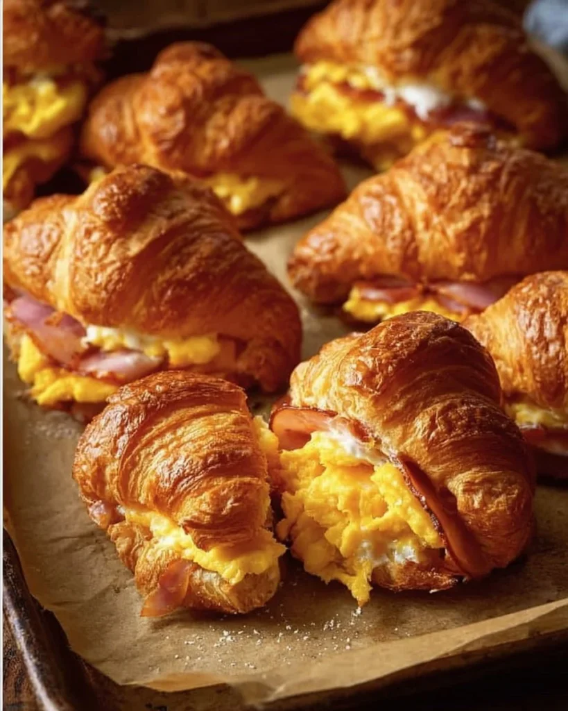 Freshly made croissant breakfast sandwiches with eggs and cheese