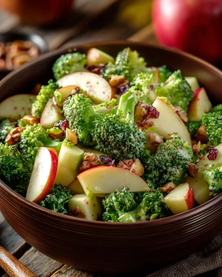Crunchy Honeycrisp apple salad with broccoli and dressing garnished.