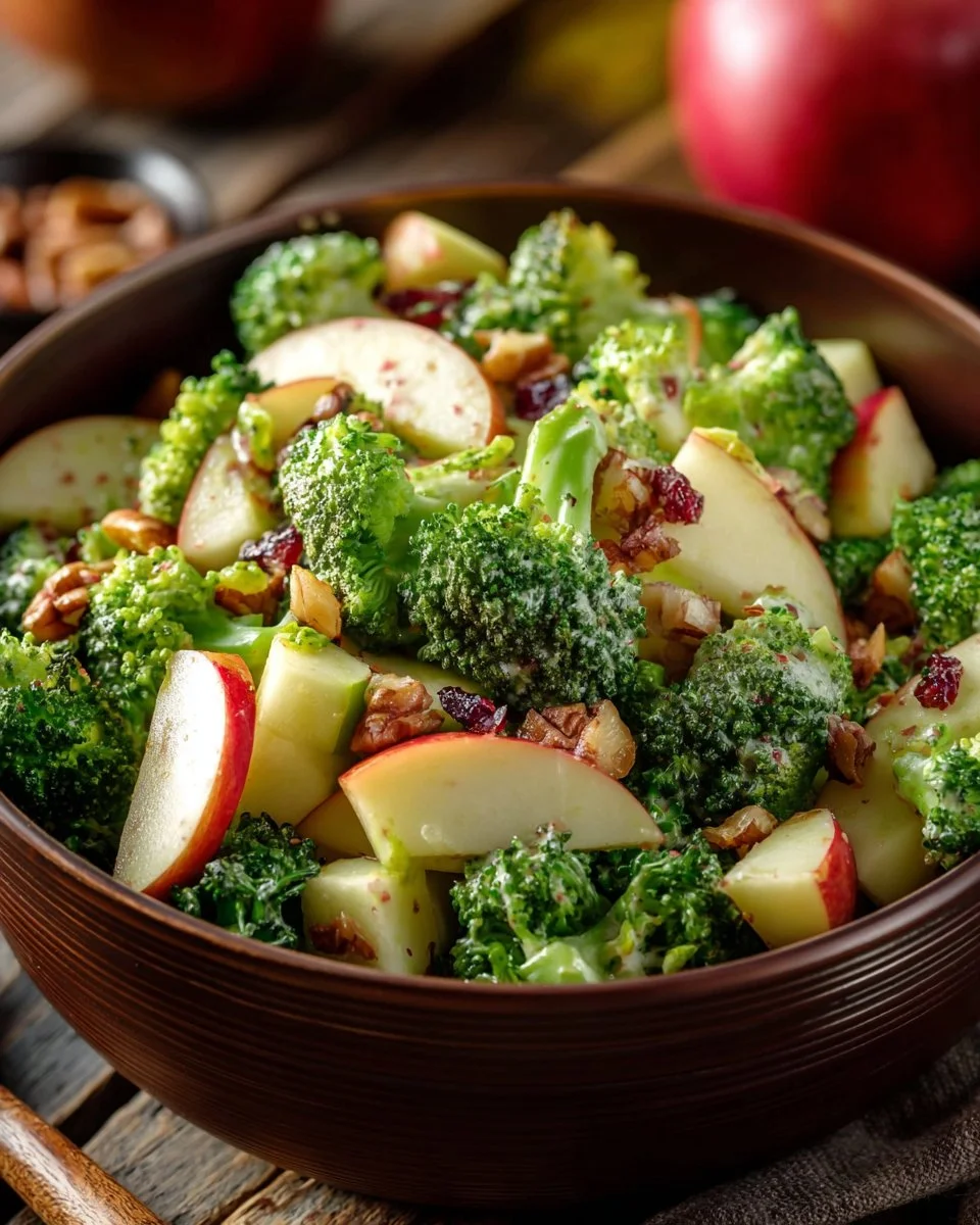 Crunchy Honeycrisp apple salad with broccoli and dressing garnished.