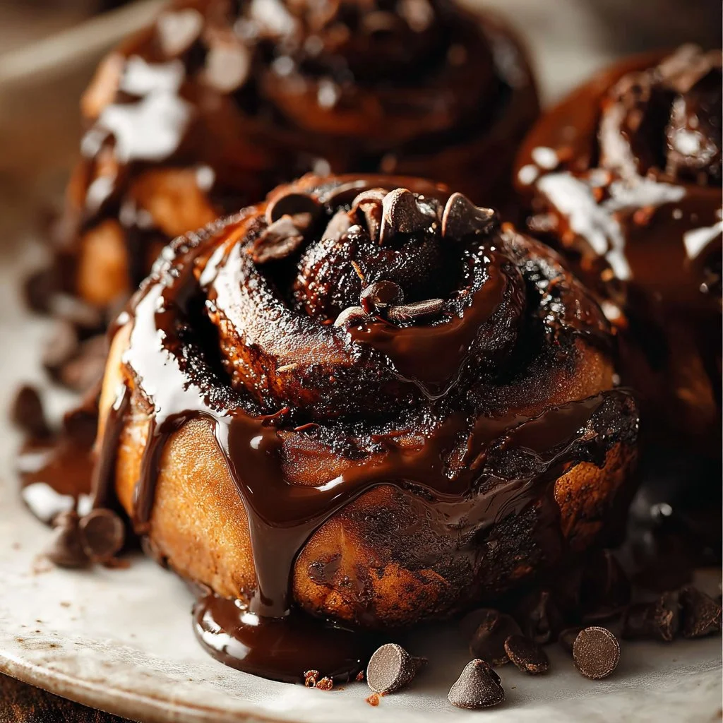 Decadent chocolate cinnamon rolls topped with creamy frosting on a plate.