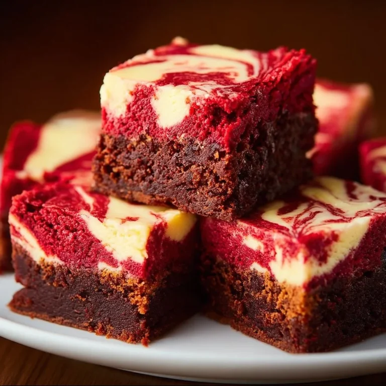 Decadent red velvet cheesecake brownies with cream cheese swirl on top