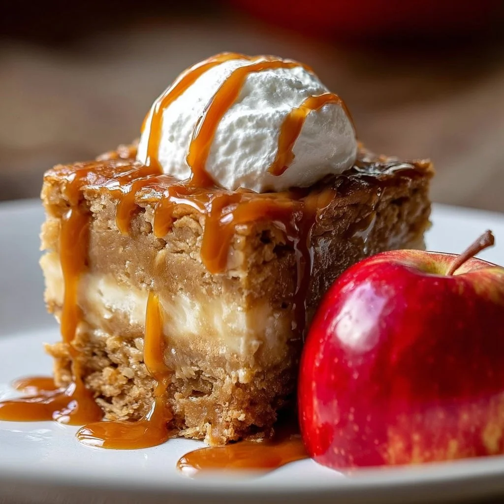 A plate of delicious homemade apple blondies topped with a drizzle of caramel.