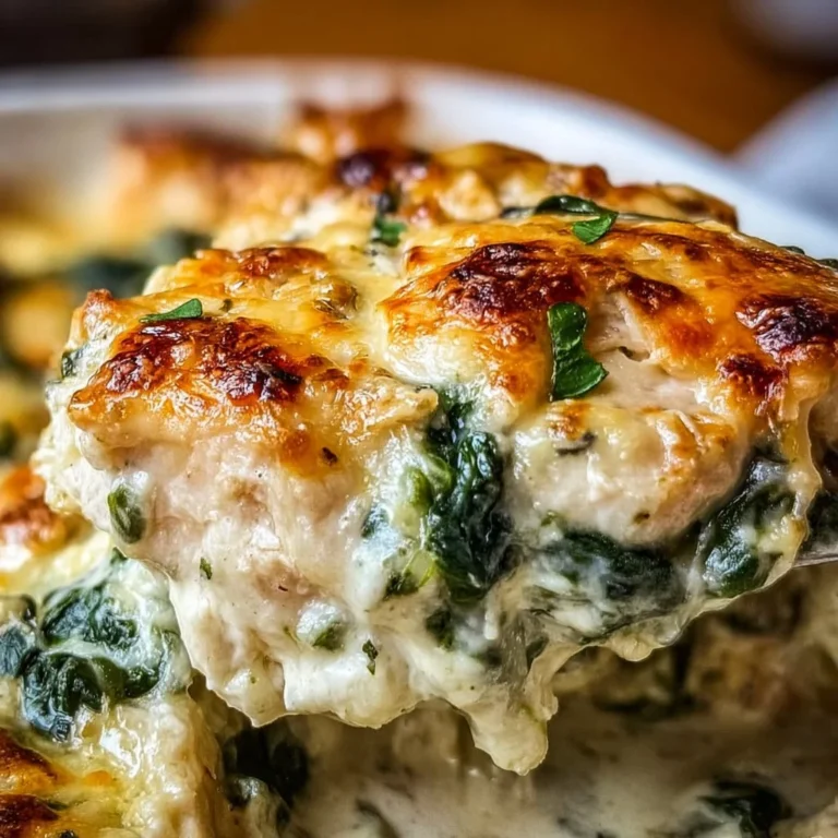 Delicious Chicken and Spinach Casserole with Cream Cheese in a baking dish