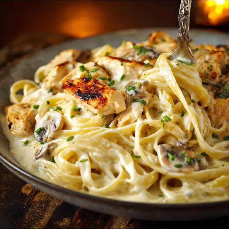 Creamy chicken tetrazzini served in a bowl with herbs and cheese on top.