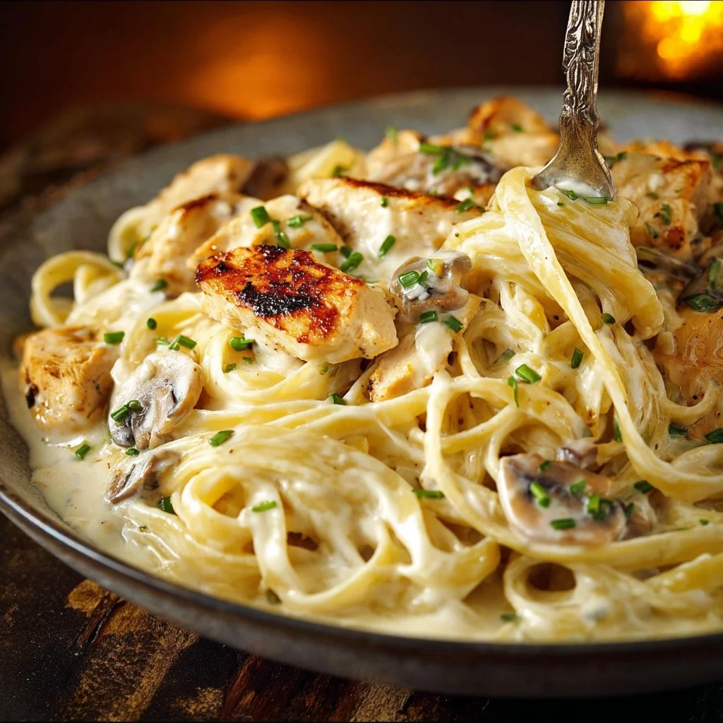 Creamy chicken tetrazzini served in a bowl with herbs and cheese on top.