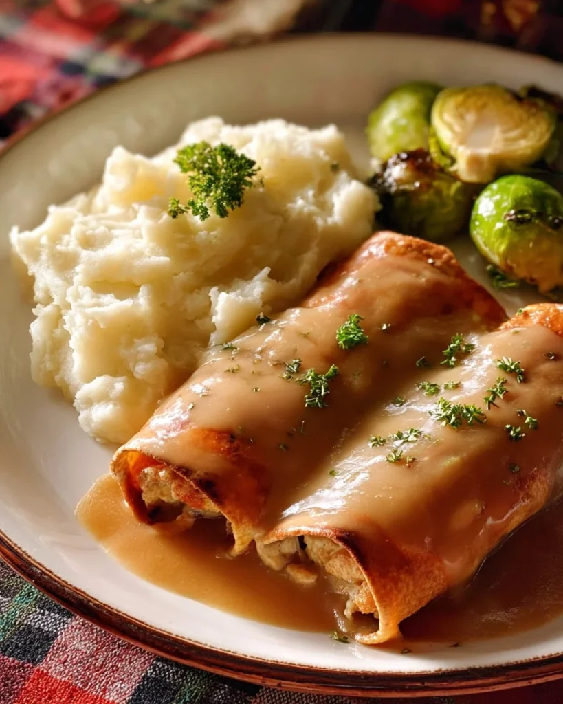 Easy turkey roll ups with stuffing and creamy gravy dish