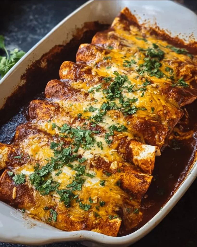 Delicious enchiladas topped with sauce and cheese, ready to serve.