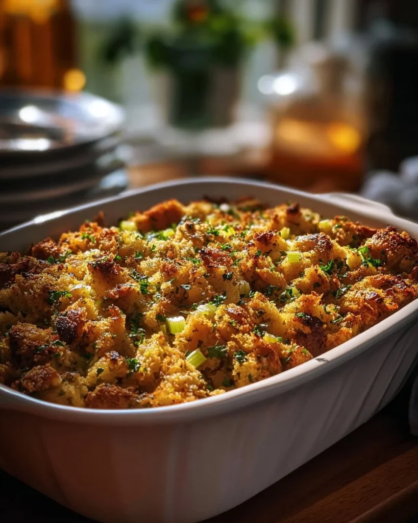 A bowl of Grandma's delicious Thanksgiving stuffing recipe with herbs and bread chunks.