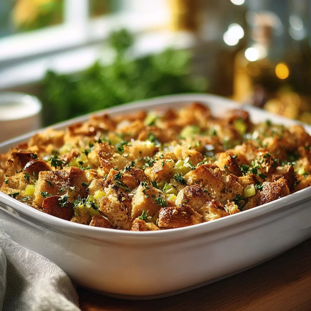 Bowl of delicious Grandma's Thanksgiving stuffing with herbs and spices.