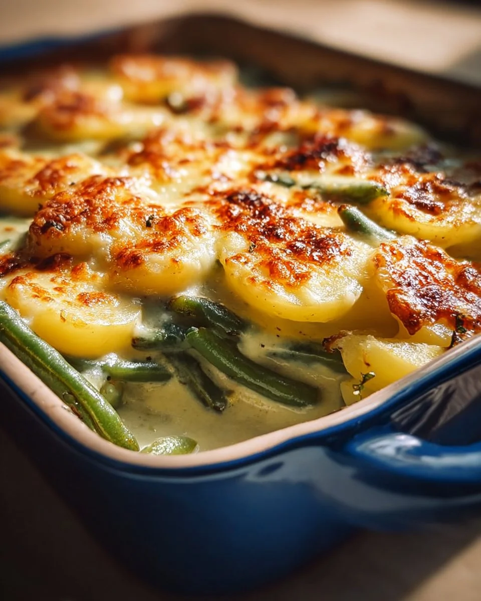 A serving of delicious green bean potato casserole topped with crispy breadcrumbs.