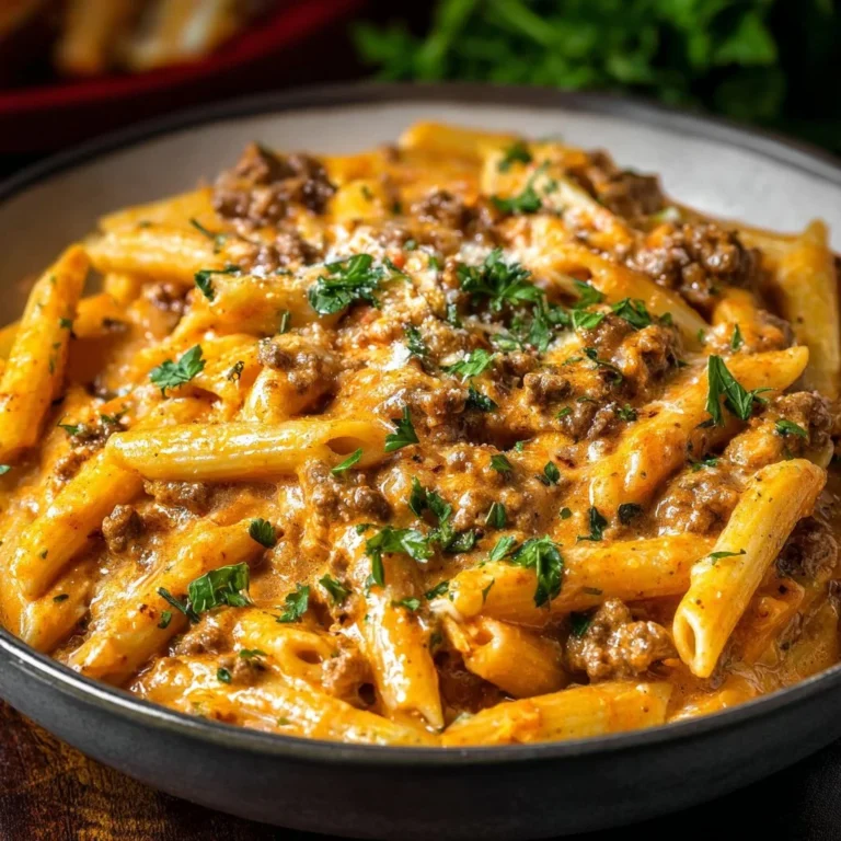 Creamy beef pasta dish ready for a quick weeknight dinner