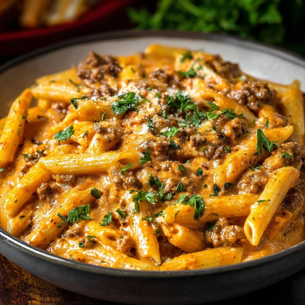 Creamy beef pasta dish ready for a quick weeknight dinner