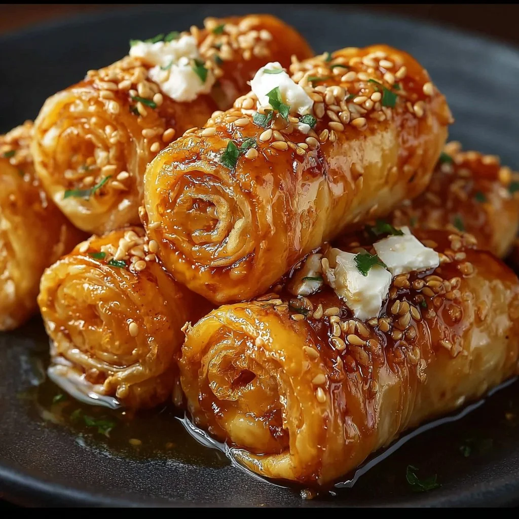 Oven fried feta rolls topped with chili honey, a delicious appetizer.