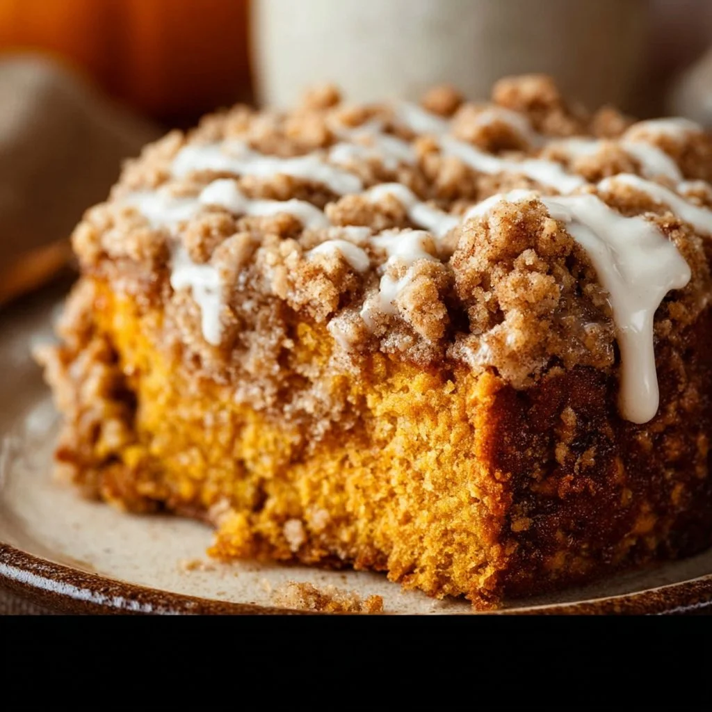 A slice of delicious pumpkin coffee cake topped with spices and a drizzle of icing.