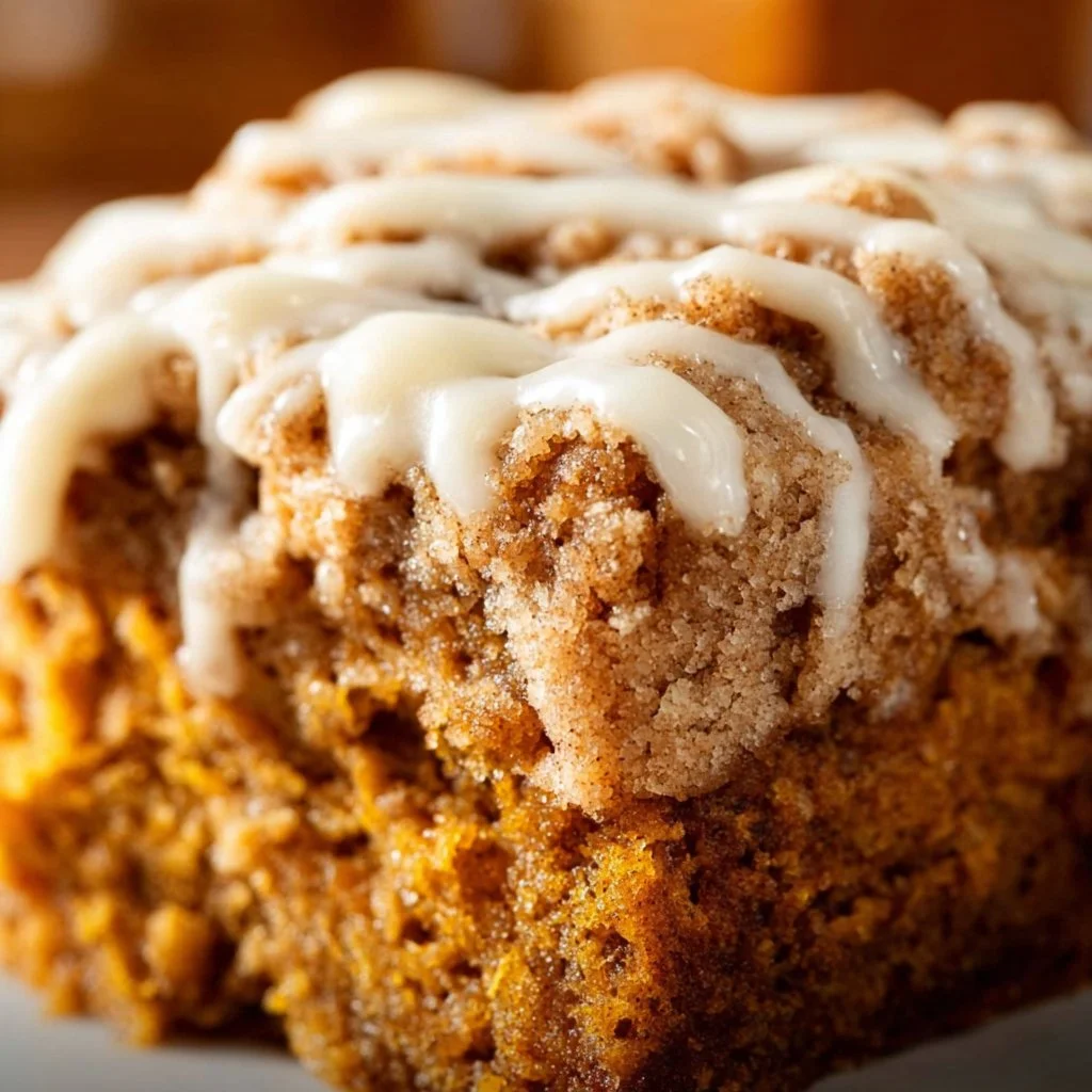 Slice of delicious pumpkin coffee cake with coffee cup in the background