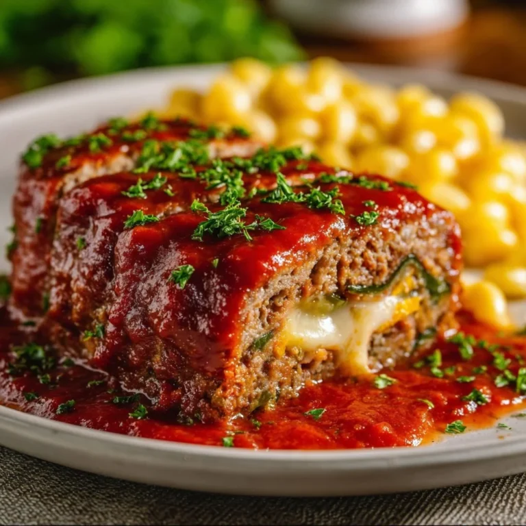 Delicious stuffed Italian meatloaf with herbs and rich filling