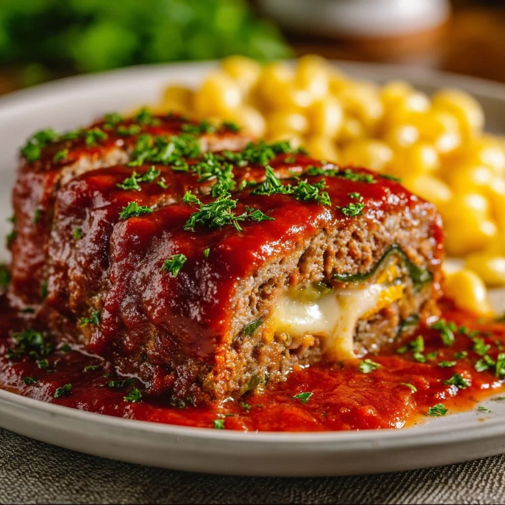 Delicious stuffed Italian meatloaf with herbs and rich filling