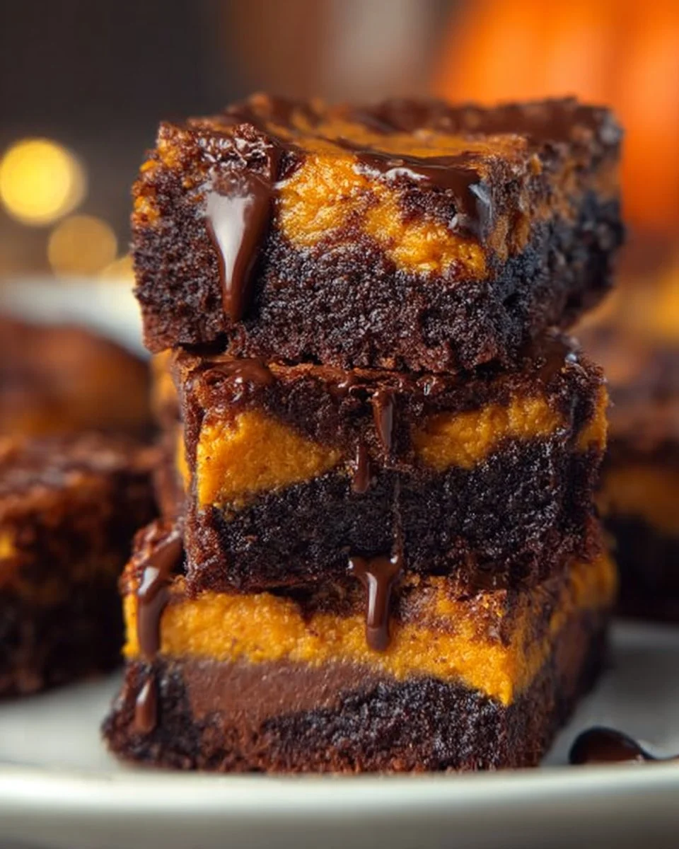 Delicious fudgy pumpkin brownies topped with chocolate drizzle on a wooden table