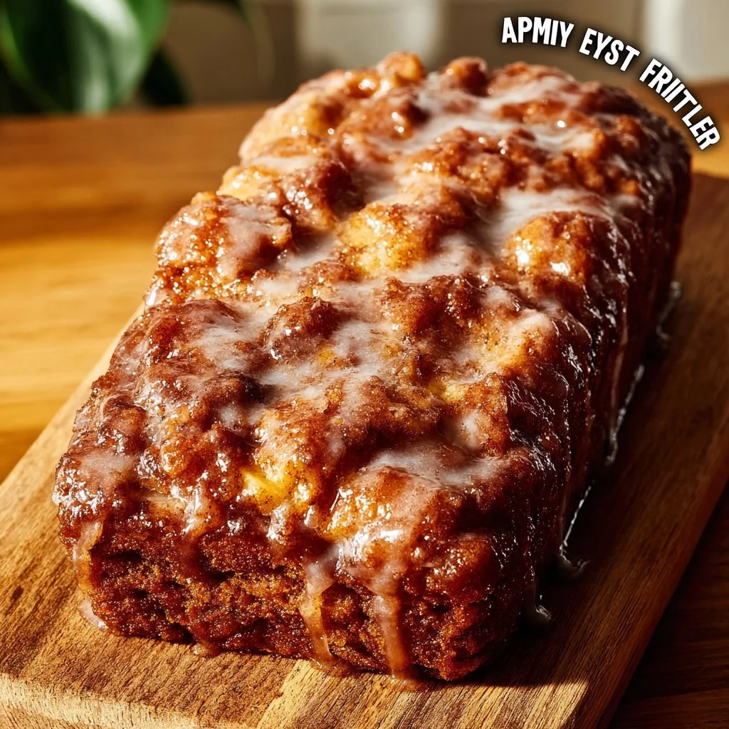Slice of easy Amish apple fritter bread on a plate with apples and cinnamon