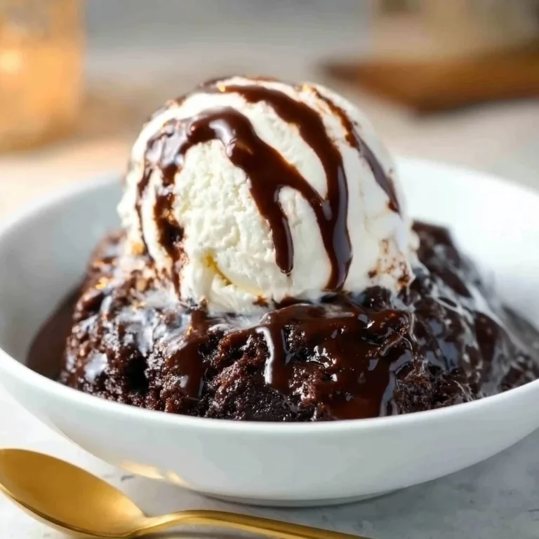 Fudgy crockpot brownies pudding served in a bowl with a spoon.