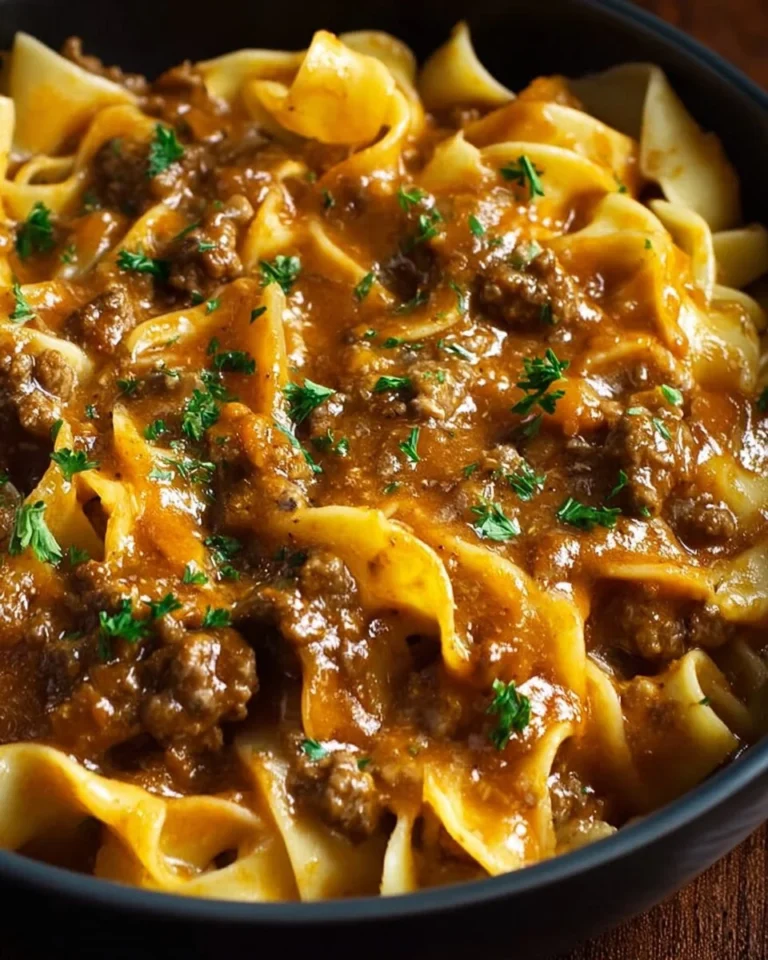 Easy crockpot cheesy beef and noodles meal served in a bowl