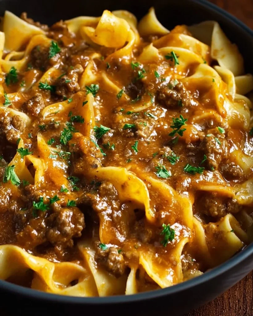 Easy crockpot cheesy beef and noodles meal served in a bowl