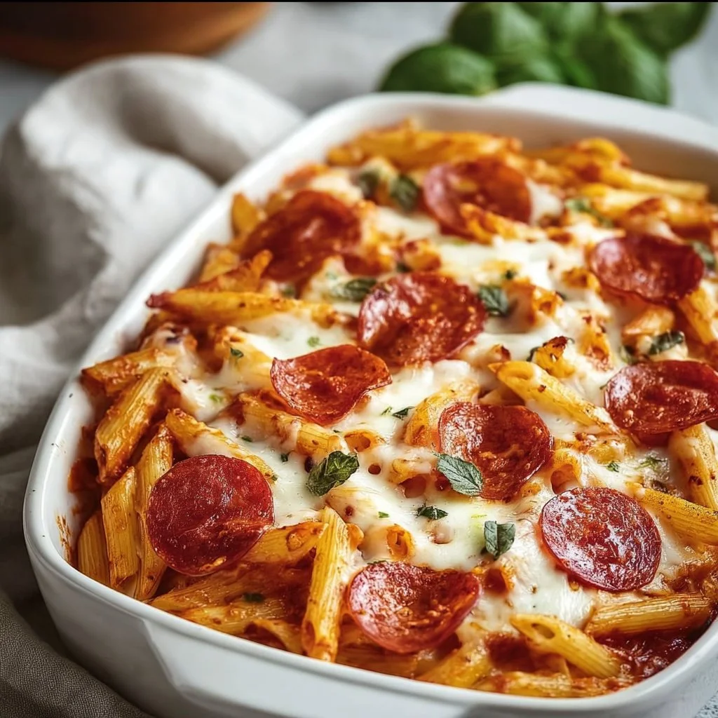 Delicious easy pizza pasta bake with cheese and pepperoni