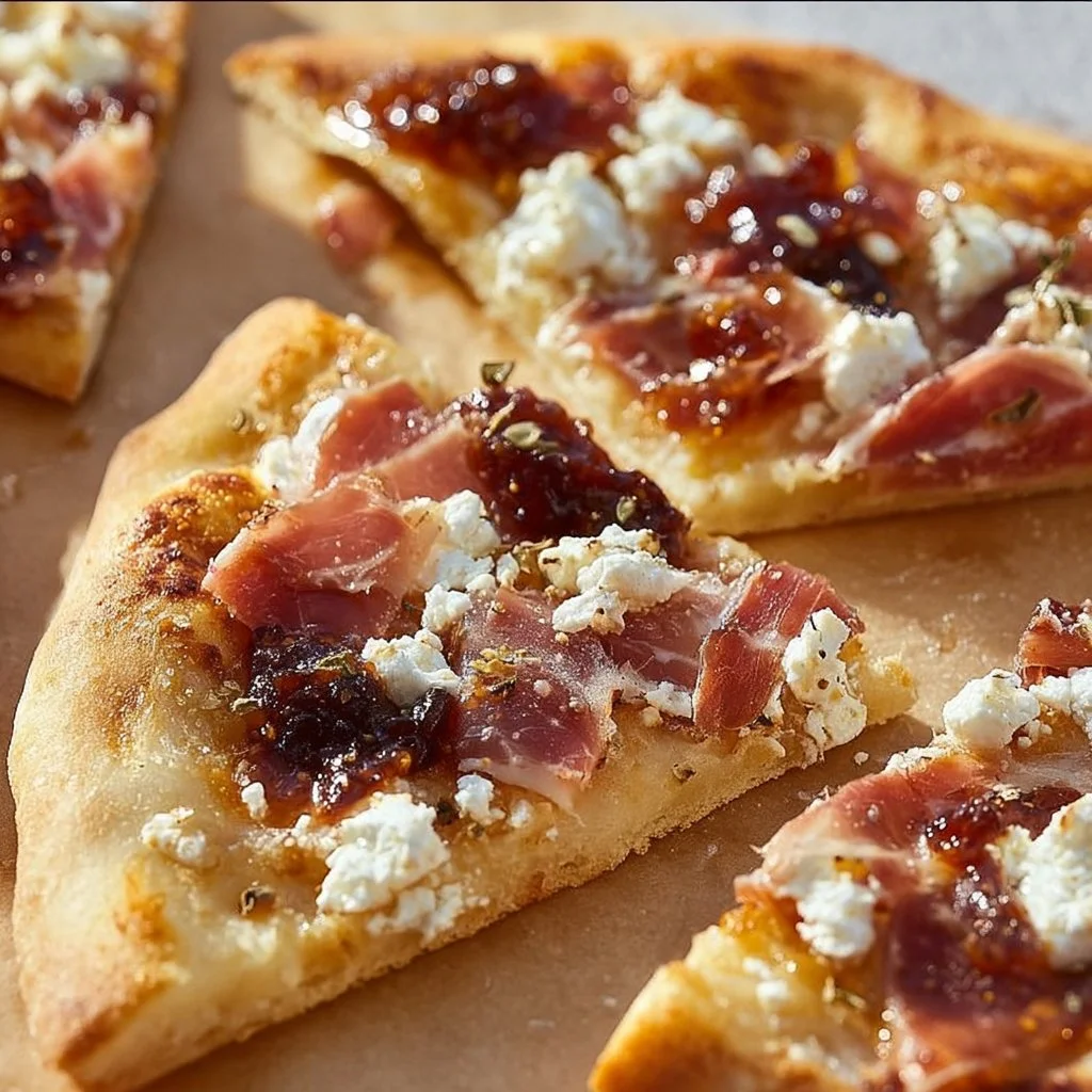 Fig jam pizza topped with goat cheese and prosciutto