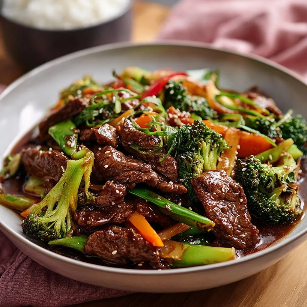 Delicious bowl of ginger beef stir fry with colorful vegetables